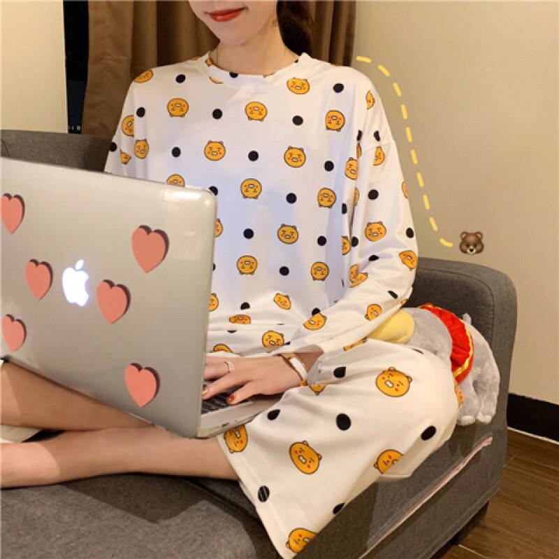 swvws Spring And Autumn Pajamas Women's Long-Sleeved Trousers Two-Piece Set Of Milk Silk Thin Section Breathable Student Home Clothes