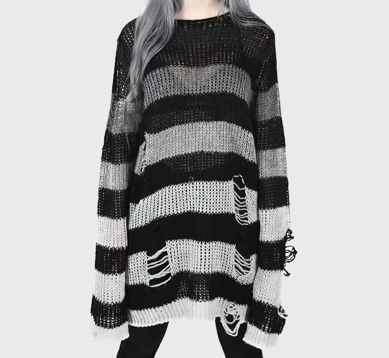 swvws Punk Gothic Sweater Emo Tops E-Girls Mall Goth Pullovers Y2k Harajuku Grunge Clothes Alt Dark Aesthetic Striped Jumpers