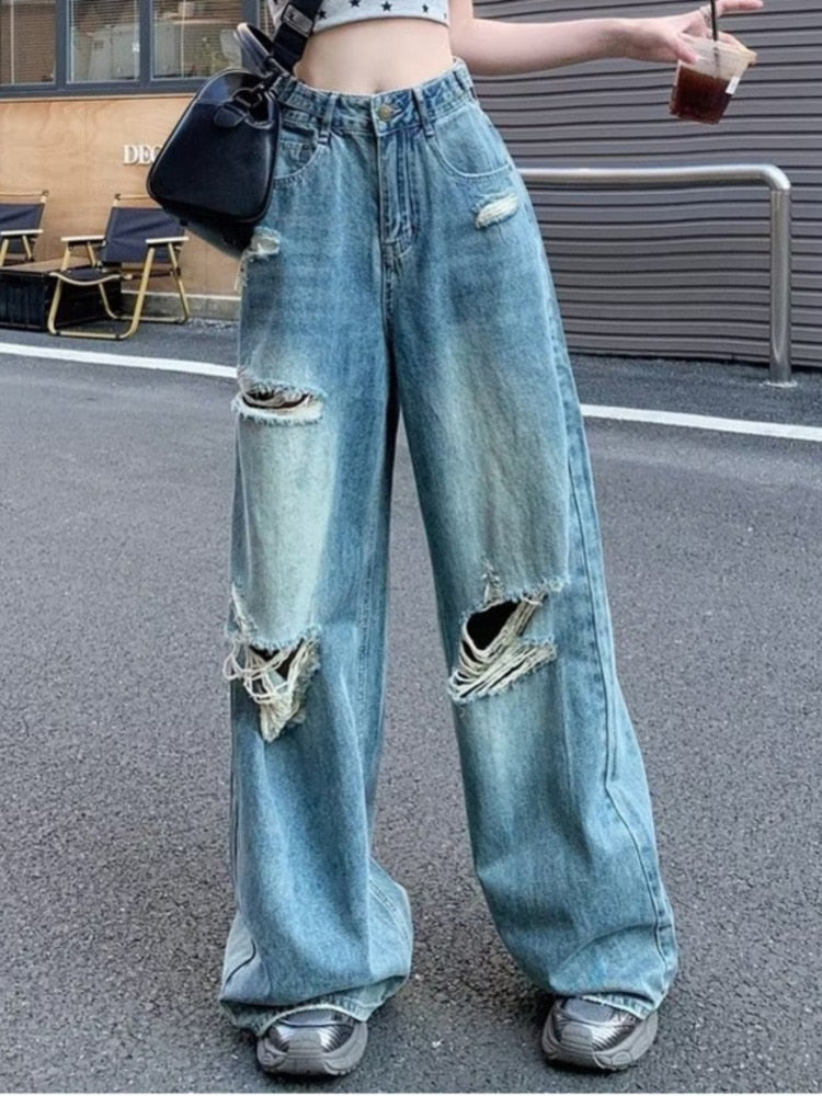 swvws Vintage Pants, Jeans, Women's Torn Wide Leg Pants, Summer High Waisted, Slimming, Loose Fitting Long Pants, Women's Jeans