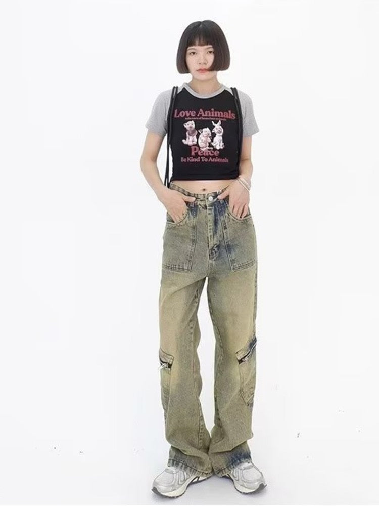 swvws Vintage Street Deconstructed Design Sense Jeans Yellow Mud Dyed Old Vintage Straight Tube Loose Wide Leg Pants Women's Jeans