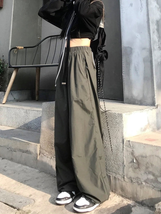 swvws Harajuku Green Cargo Pants Women Oversize Korean Streetwear Wide Leg Black Trousers Female Hip Hop Jogging Sweatpants