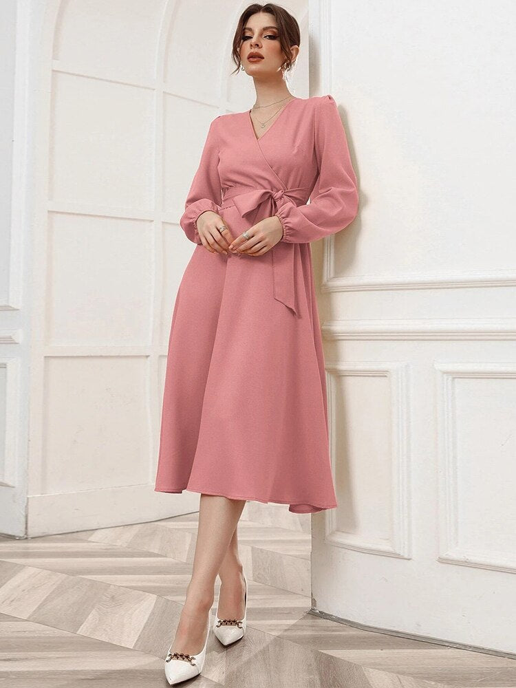 Summer Dresses Woman Elegant V-neck Long-sleeved Dress Fashion Office Midi Dress  Bandage Dresses Party Women's Clothing