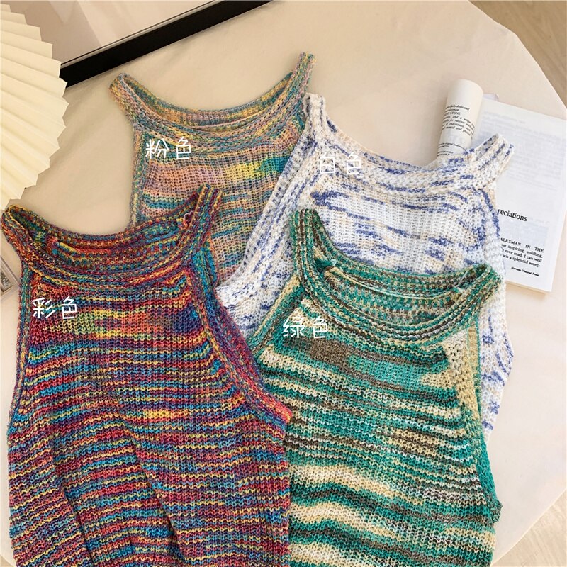 swvws Colorful Striped Summer Tanks Tops Women Korean Rainbow Sleeveless Shirts Top O-Neck Slim Knitted Top Slim Sexy Streetwear