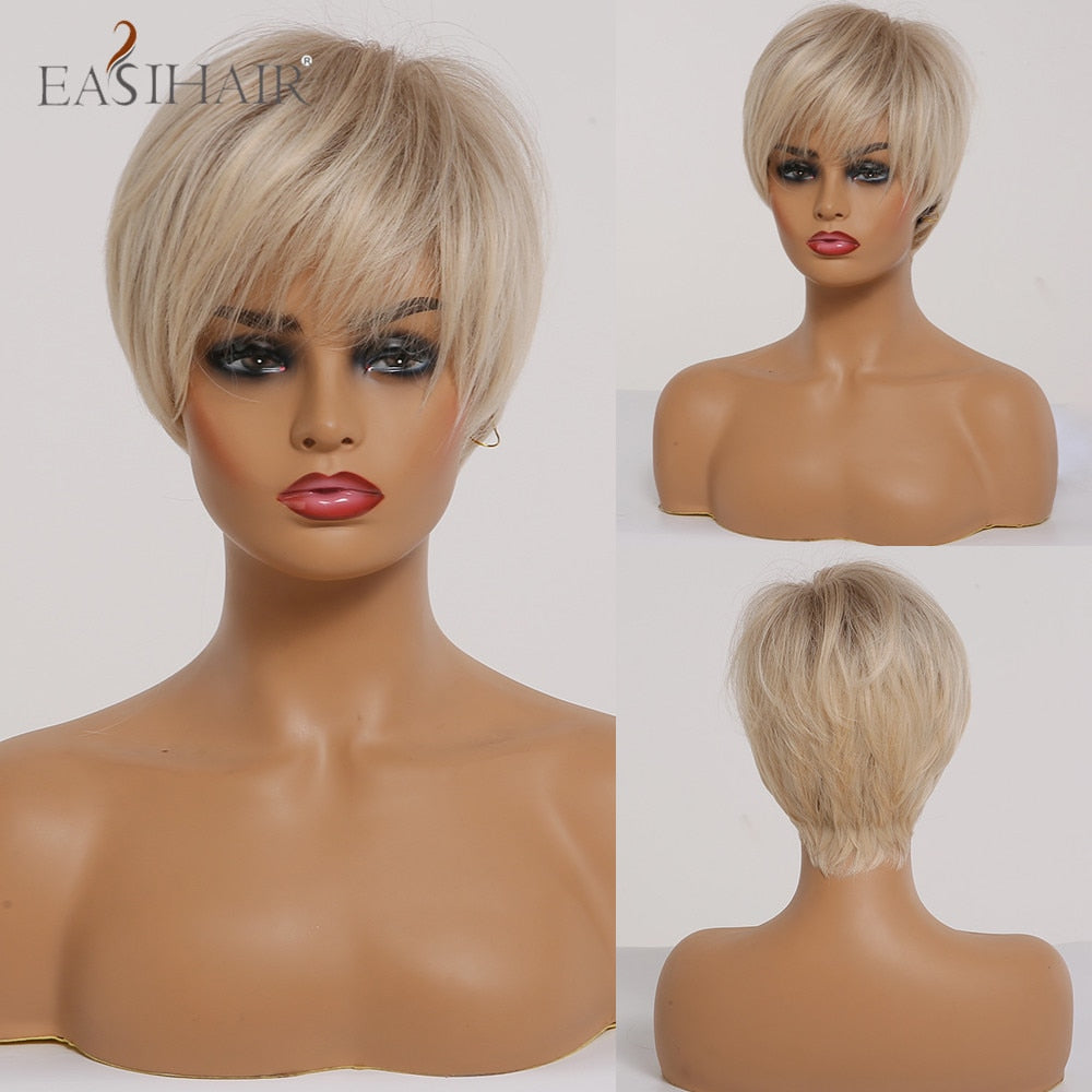 swvws  Short Hair Wig With Bangs Pixie Cut Ombre Black Ash Light Blonde Synthetic Wigs For Women Cosplay Wigs Heat Resistant