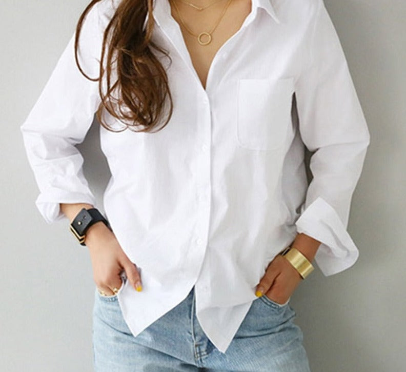 swvws New Long Sleeve Ladies Tops Blouses Oversized Button Casual Cotton White Shirt Women Turn-Down Collar Loose Blouse Women 3496