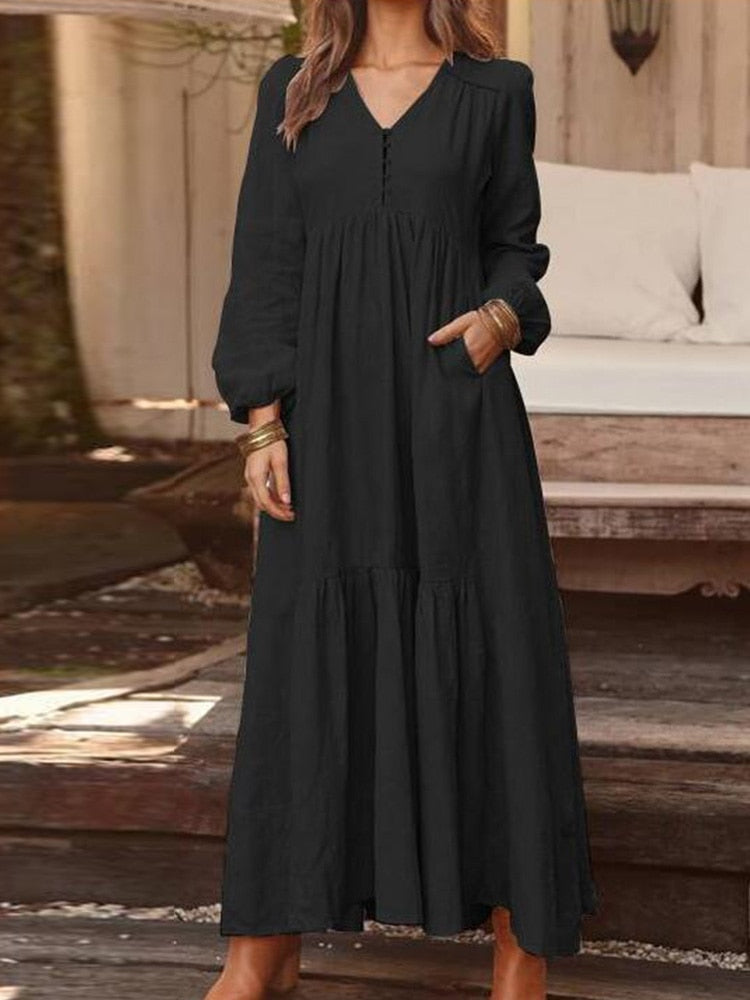 swvws Casual Long Linen Dress Women V Neck Cotton Maxi Dress Summer Vintage Long Sleeve Loose Dress Solid High Waist Big Swing Dress