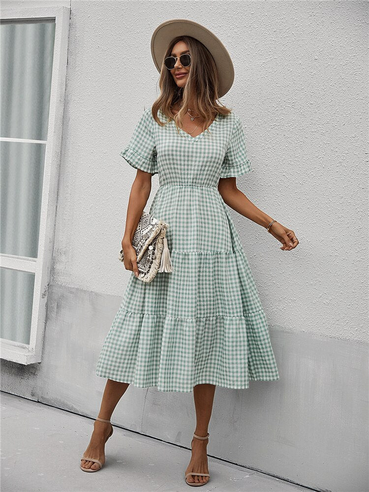 Spring Summer Plaid Casual Long Dress Women V Neck Slim High Waist Ladies New A Line Party Maxi Dress