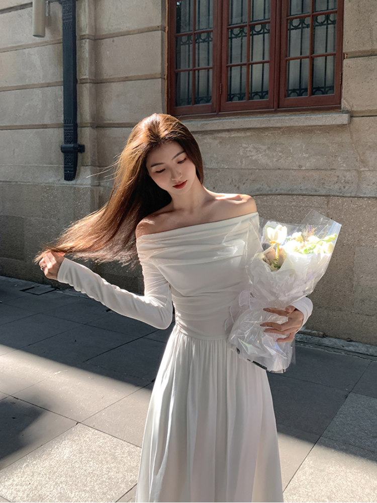 swvws Autumn Fashion White Knitted Dress Women Elegant Sexy Off Shoulder Slim A-Line Robe Korean Spring Casual Long Sleeve Clothing