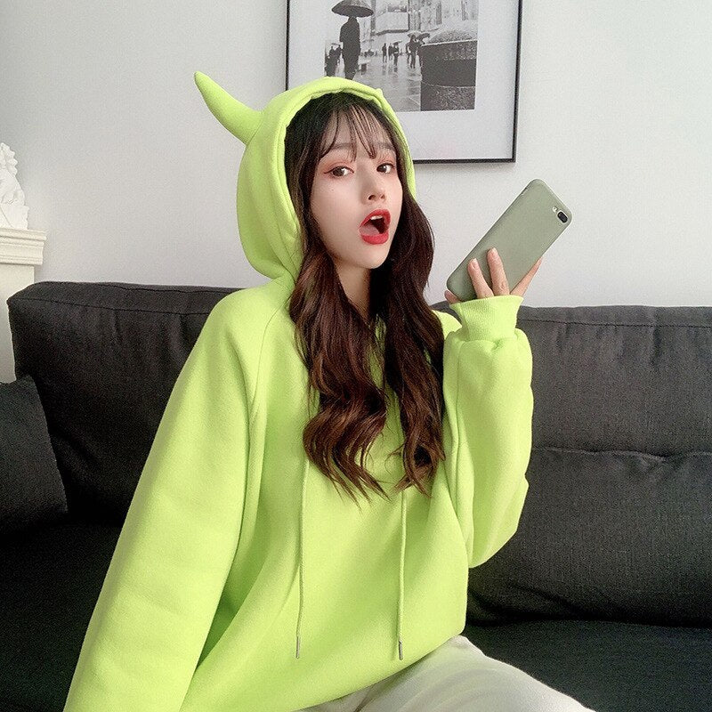 swvws Women Plus Velvet Warm Loose Harajuku Hoodies  Spring Devil Horn Hooded Sweatshirt Female All-Match Cute Pullovers Tops New