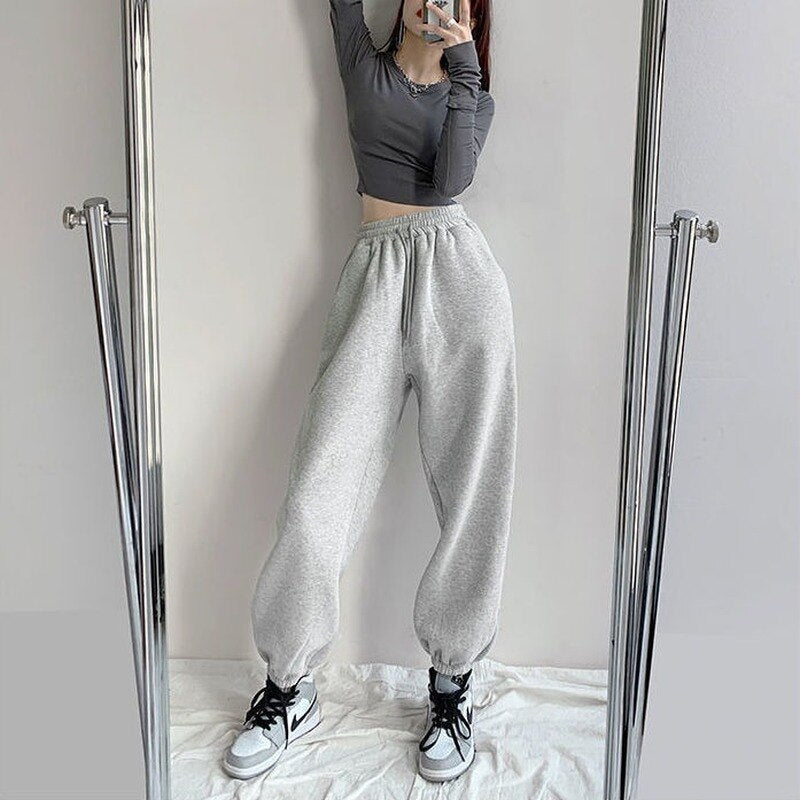 swvws Harajuku Winter Warm Gray Joggers Sports Pants Women Korean Fashion Fleece Velvet Oversize Black Jogging Sweatpants Baggy