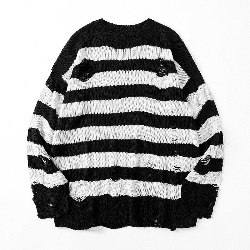 swvws Y2K Striped Sweaters Washed Destroyed Ripped Sweater Couple Hole Knit Jumpers Tops Unisex Oversized Pullovers Harajuku Su茅teres