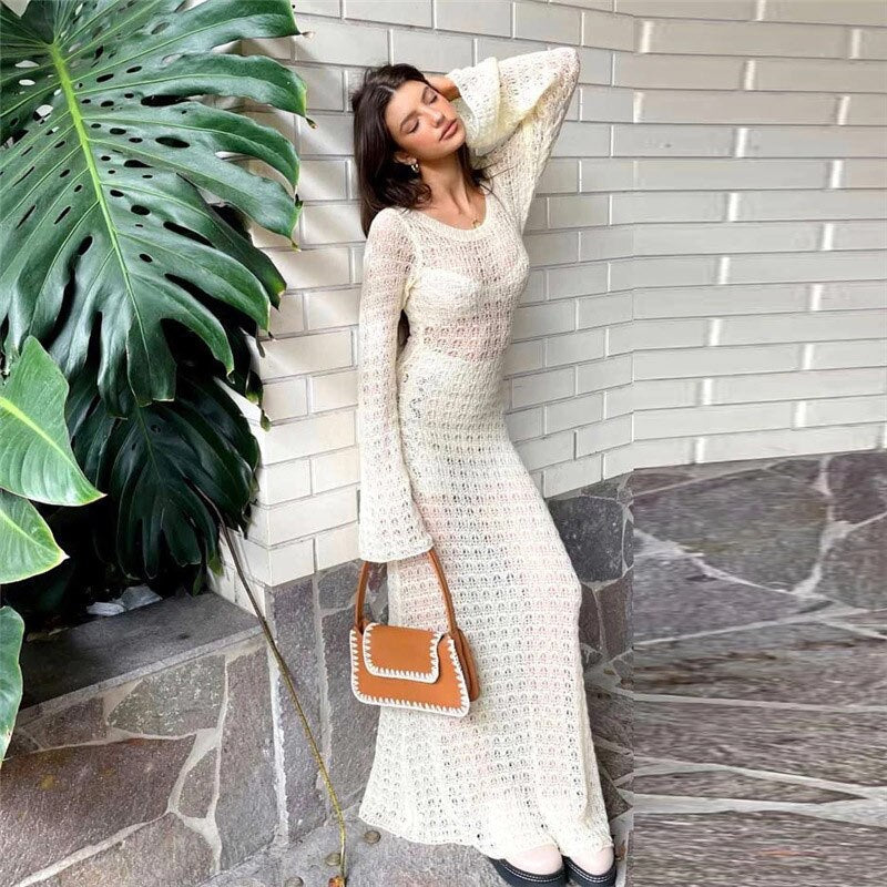 swvws Y2K Off The Shoulder Women Dress  Summer Knit Colored Striped Long Sleeve Female Dresses Elegant Sexy Beach Lady Maxi Robe