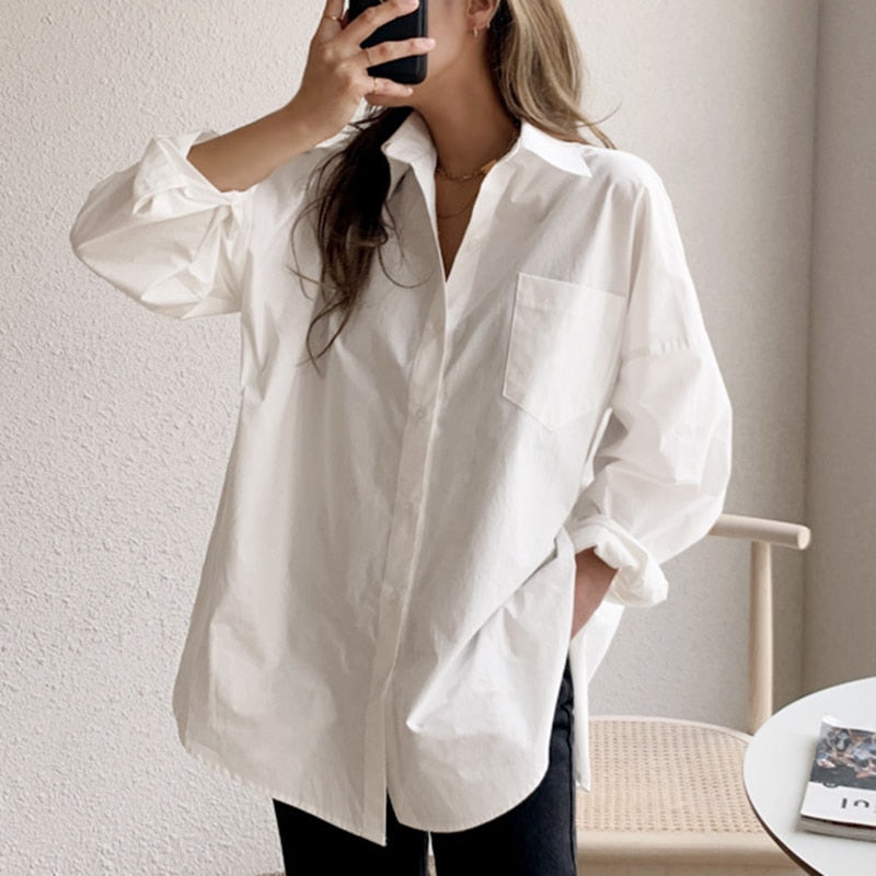 swvws Long Sleeve Cotton White Blouse Women  Oversized Loose Women Shirts Blouses Casual Office Lady Button Shirt Tops Blusa 11456