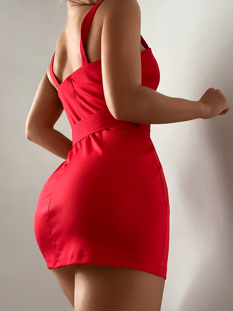 swvws Women Fashion Red Boydon Mini Party Dress Slim Fit Sexy Short Dress Thick Strap Bodycon Mini Dress