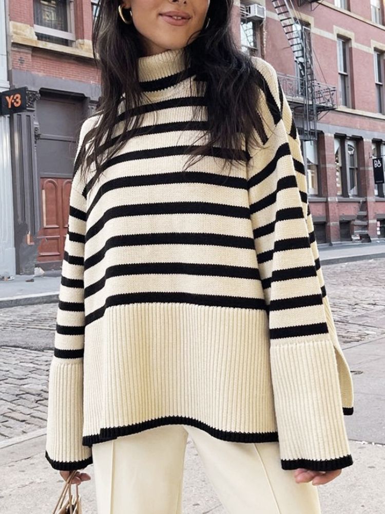 swvws New Ladies  Autumn Winter Turtleneck Sweater Women Pullover Tops Clothes Black White Striped Loose Casual Sweater Jumpers Female