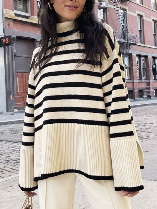 swvws New Ladies  Autumn Winter Turtleneck Sweater Women Pullover Tops Clothes Black White Striped Loose Casual Sweater Jumpers Female