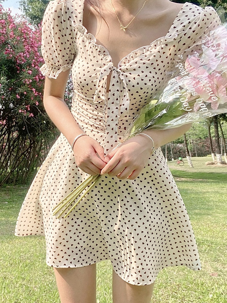 swvws Dot Printed Mini Dress Lace Up Bow Frill Pleated Dress Women Fairycore Short Sleeve Cute French Sundress Korean Beach