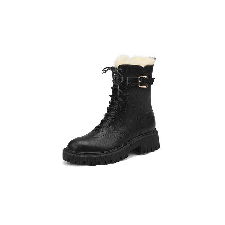 swvws  fashion inspo    Winter Women Boots Round Toe Chunky Boot Women Split leather Shoes Women Thick Heel Boots Wool Blend Warm Boots Black Snow Boots