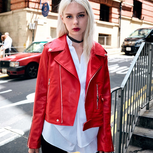 swvws  Autumn Faux Leather Coat Women Red PU Leather Jacket Women Short Biker Jackets Turn Down Collar Slim Motorcycle Outwear