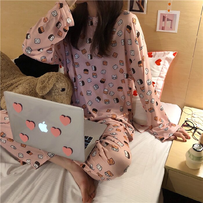 swvws Spring And Autumn Pajamas Women's Long-Sleeved Trousers Two-Piece Set Of Milk Silk Thin Section Breathable Student Home Clothes