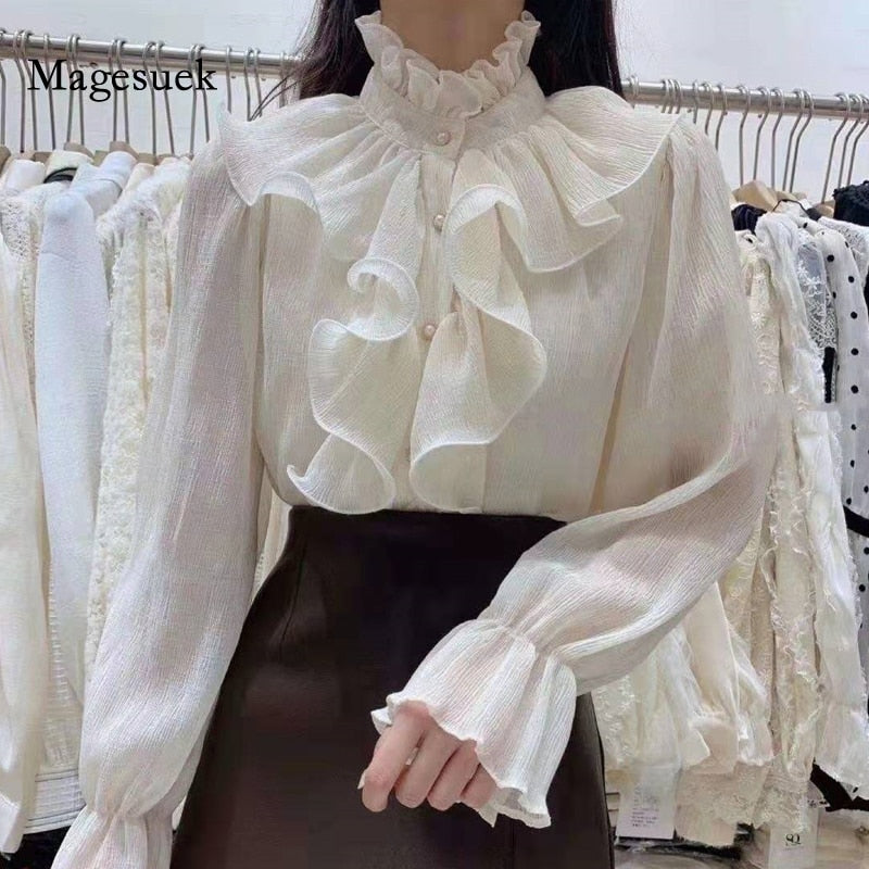 swvws Korean Chic Ruffles Stitching Elegant Blouse Woman Stand Collar Button Chiffon Shirt Long Flare Sleeve Fashion Loose Tops