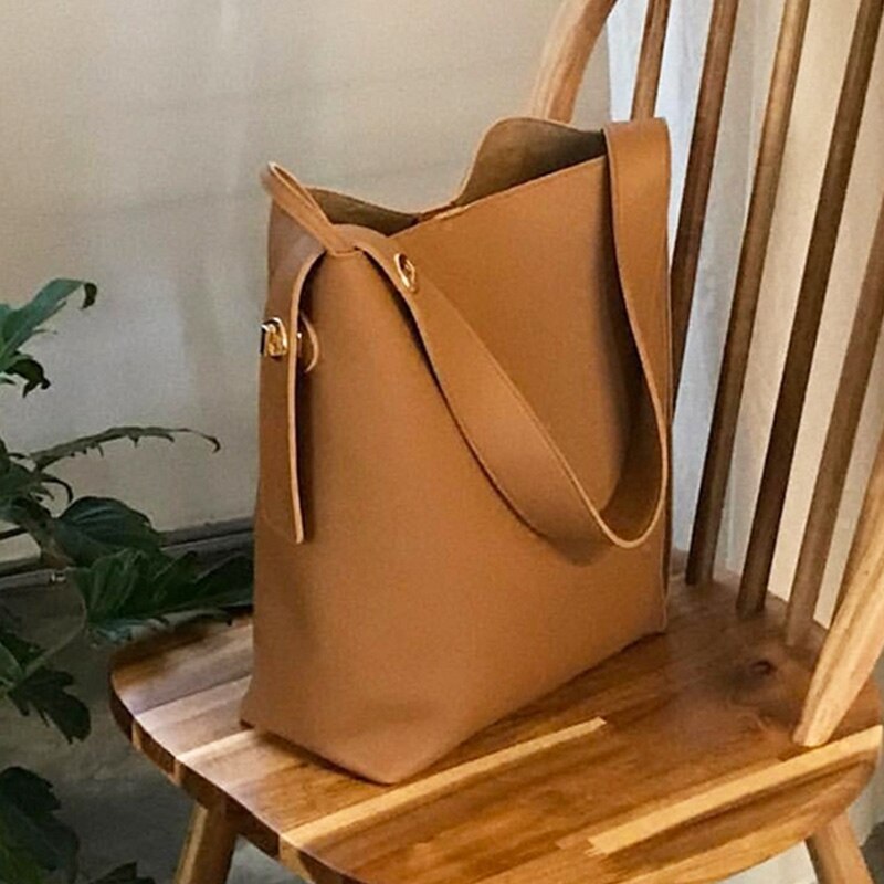 swvws Women Fashion Bucket Bag Women's Simple Style PU Leather Shoulder Bag Handbags Female Casual Black/brown Color Bags Large Totes