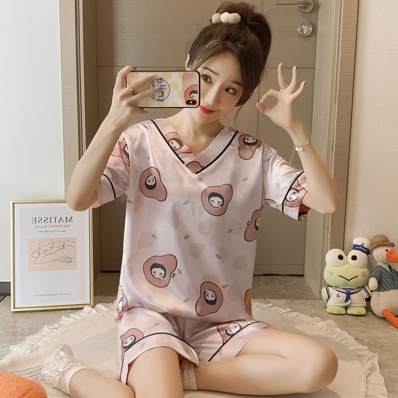 swvws Pajamas Women's Summer Silk V-Neck Short-Sleeved Two-Piece Suit Students Sweet And Cute Ice Silk Home Clothes Women