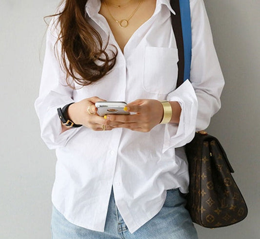 swvws New Long Sleeve Ladies Tops Blouses Oversized Button Casual Cotton White Shirt Women Turn-Down Collar Loose Blouse Women 3496