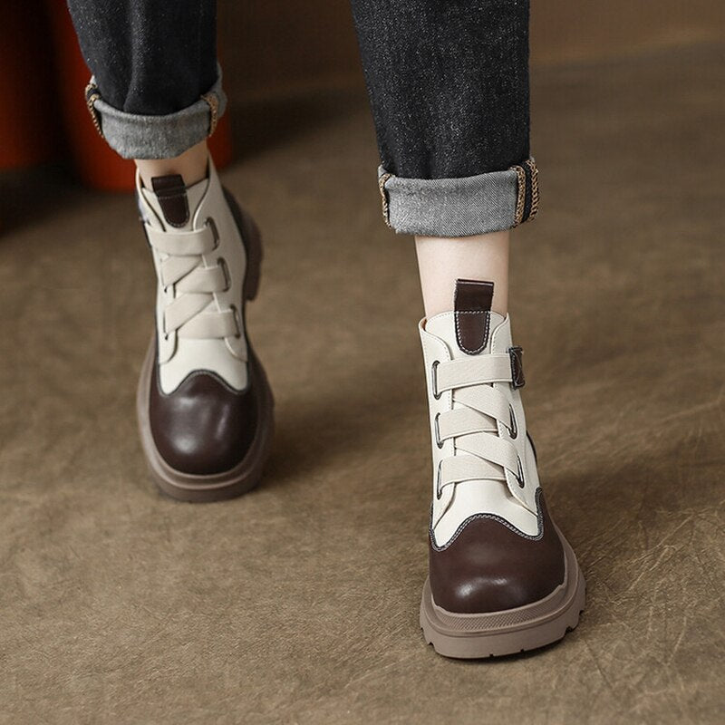 swvws Autumn Shoes    NEW Fall Women Boots Round Toe Chunky Shoes Women Mixed Color Split Leather Boots Leisure Slip-on Thick Heel Winter Short Boots