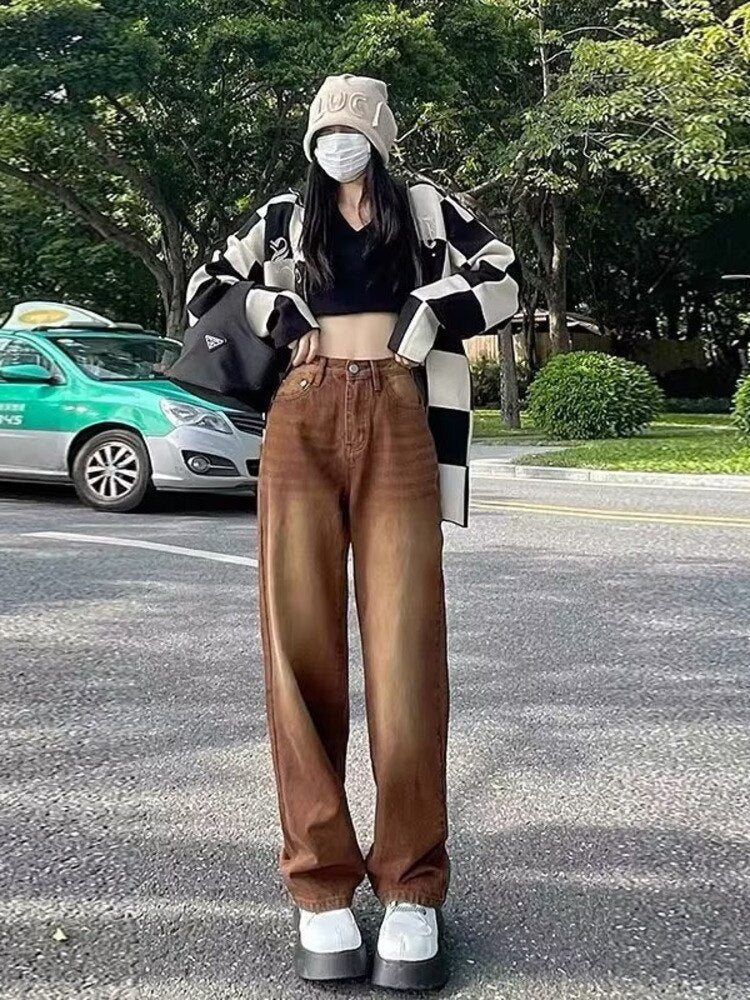 swvws European And American Retro Brown Jeans Women's Spring And Autumn High-waisted Straight-leg Loose And Thin Wide-leg Pants