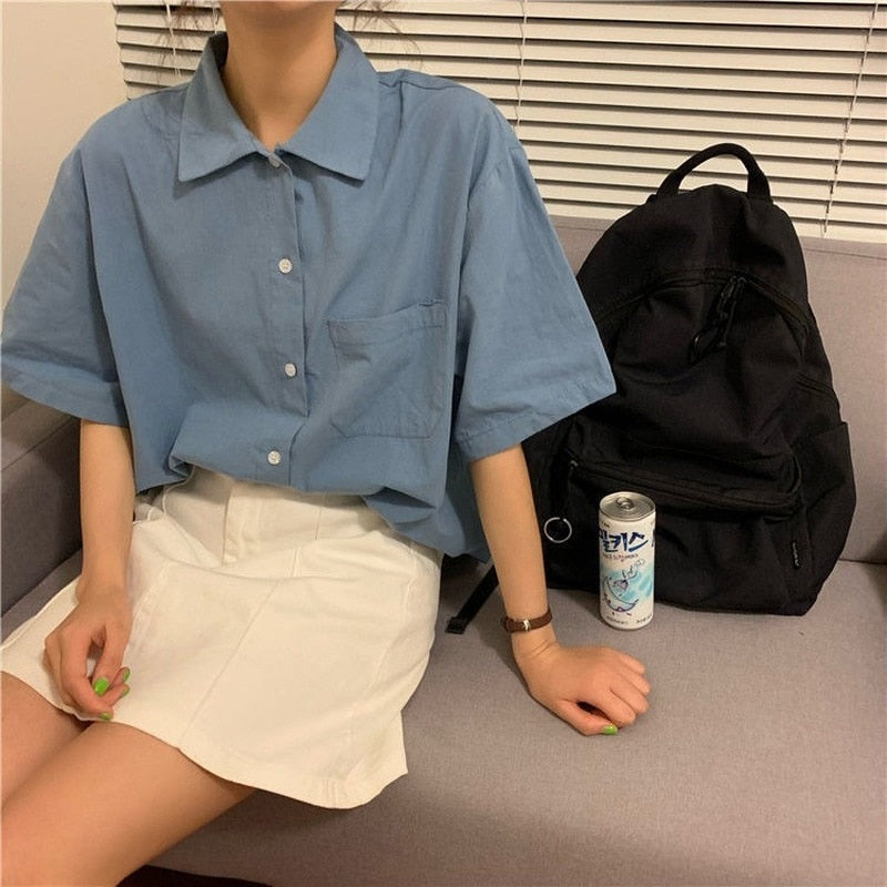 swvws Shirts Women Short Sleeve Solid Bf Loose Turn Down Collar College Simple Stylish All-Match Harajuku  Summer Tops Clothing