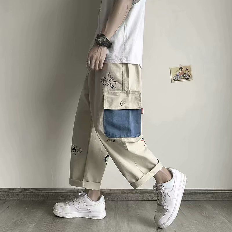 swvws Back To School  Khaki Cargo Pants With Print Baggy Loose Casual Trousers Male Summer Cotton Korean Streetweer Harajuku Cartoons Graffiti