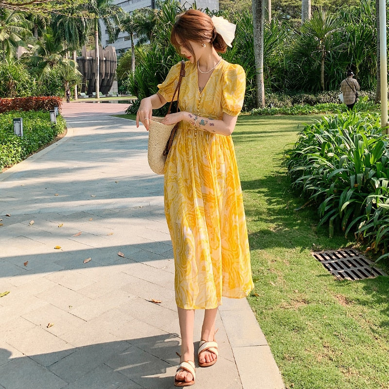 swvws Summer Bohemian Yellow Women's Senior Sense Chiffon V-neck High Waist Thin Temperament Elegant Fashion Seaside Resort Long Dress