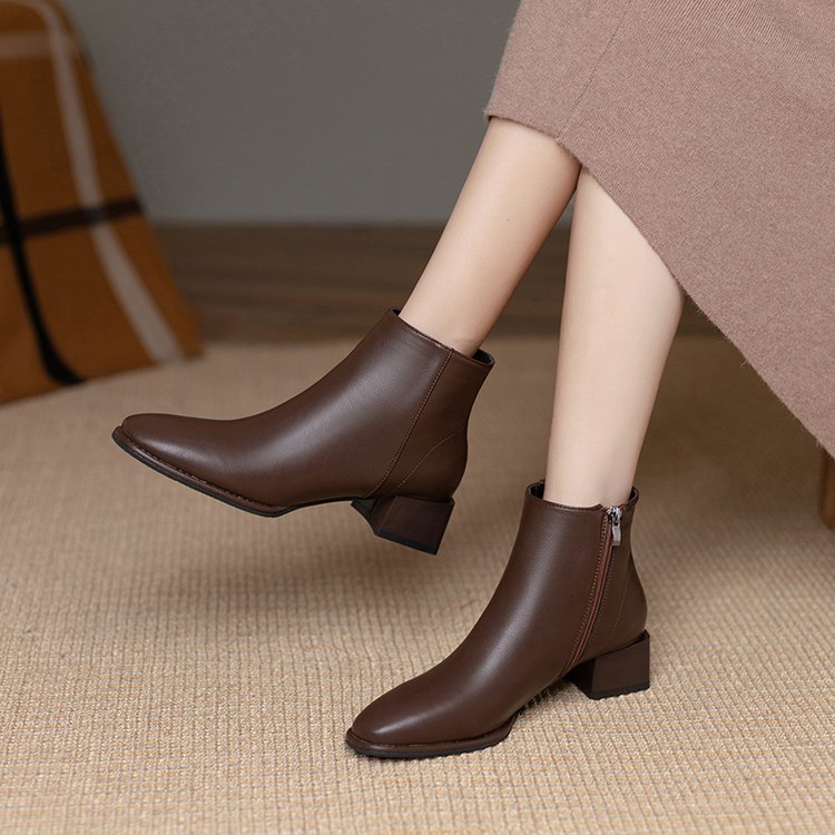 swvws Women Ankle Boots Mid Heels Dress Shoes Woman Ol Office Lady Shoes Winter Botines with Zipper Black Botas De Mujer Brown