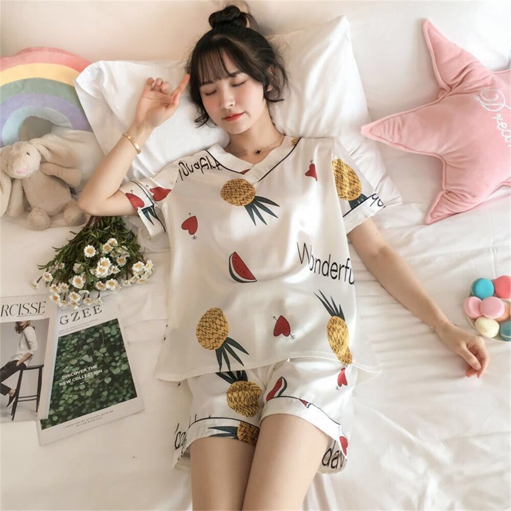 swvws Pajamas Women's Summer Silk V-Neck Short-Sleeved Two-Piece Suit Students Sweet And Cute Ice Silk Home Clothes Women