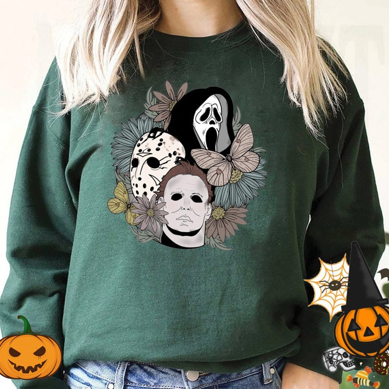 swvws Halloween Costume Horror Movie Scary Hooded Halloween Women Sweatshirt Crewneck Pullover Halloween Party Ghost Boo Skull Flower Hoodies Oversized