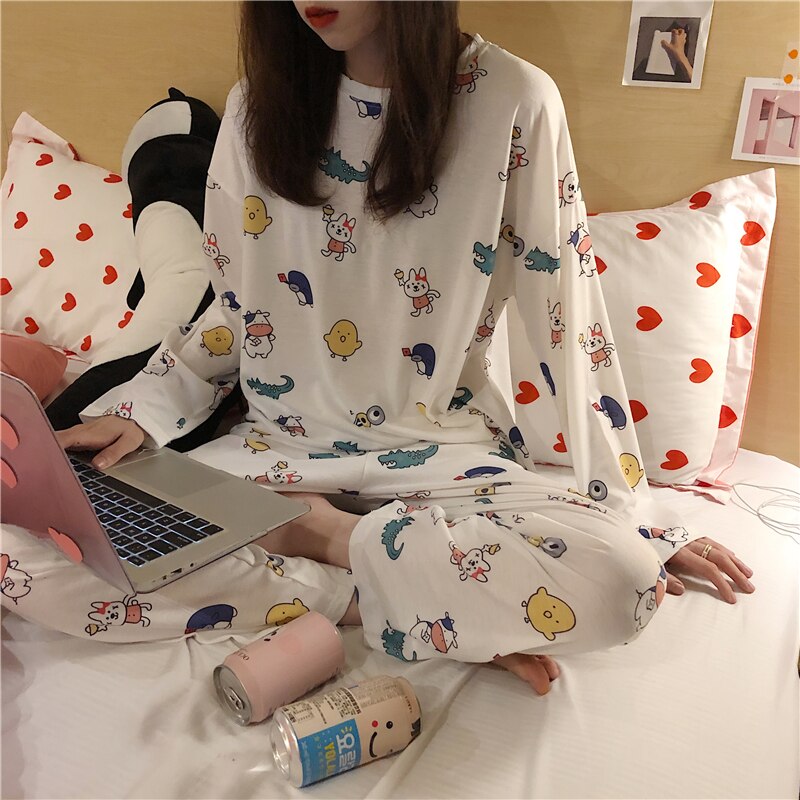 swvws Spring And Autumn Pajamas Women's Long-Sleeved Trousers Two-Piece Set Of Milk Silk Thin Section Breathable Student Home Clothes