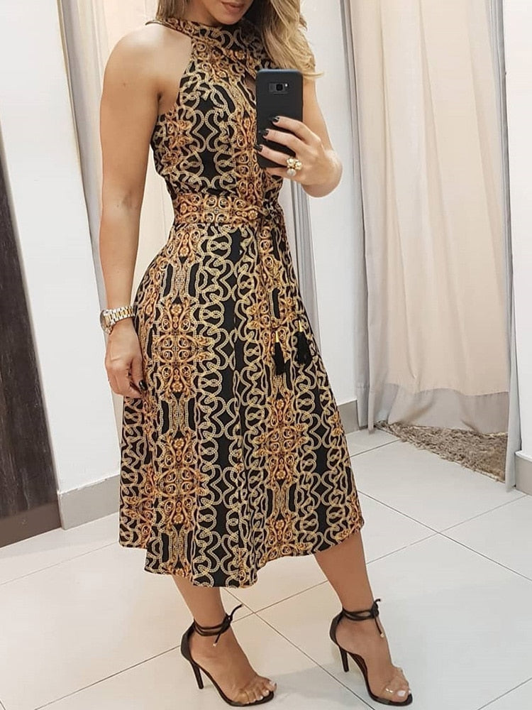 swvws Women Fashion Clubwear Elegant Sexy Dress Club  Sleeveless Baroque Print Sleeveless Midi Dress