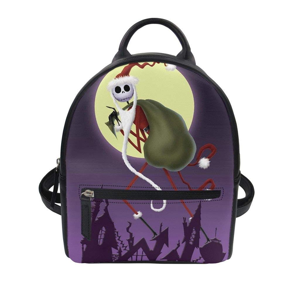 swvws  Nightmare Before Christmas Print Women's Backpack Trend PU Leather Women's Waterproof  Daily Backbags