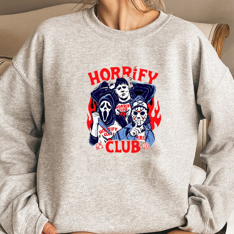 swvws Halloween Hoodies Stranger Things Horrify Club Hoodie Halloween Spooky Season Fall Sweatshirt Hell Devil Fire Graphic Pullover Crewneck Sweatshirt