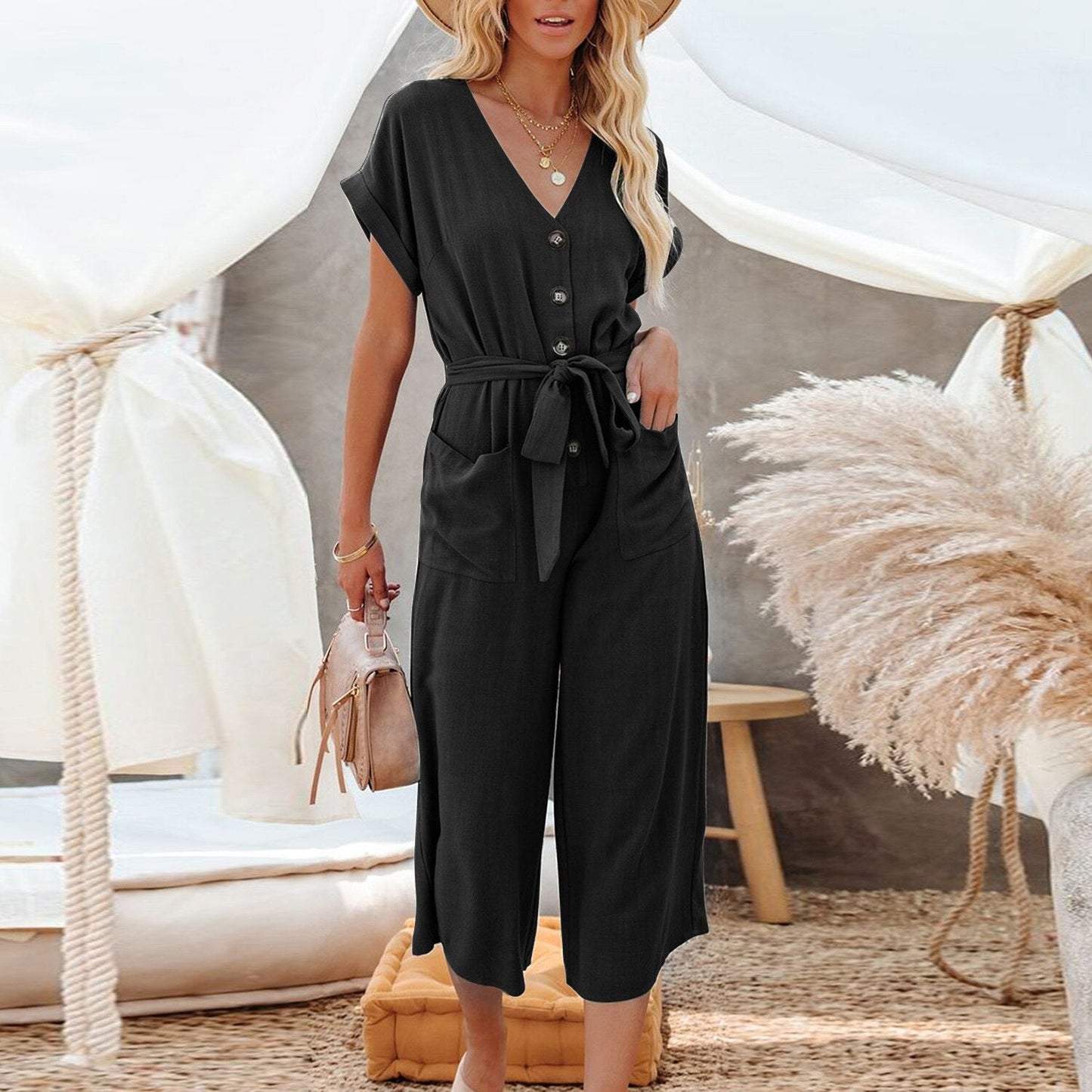 swvws Summer Bandage Jumpsuit Women Short Sleeve V Neck Button Playsuit Casual Loose Belted Romper With Pockets Solid Woman Jumpsuit