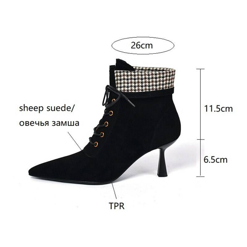 swvws Autumn Boots   NEW Fall Shoes Women Pointed Toe High Heel Shoes Sheep Suede Thin Heel Shoes Plaid Ankle Boots Women Mature Lace-up Modern Boots