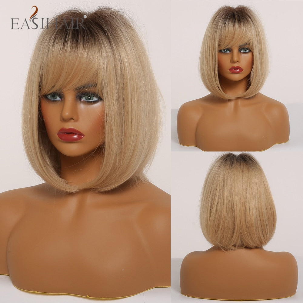 swvws  Short Straight Bob Wigs With Bang Golden Brown Natural Synthetic Hair For Women Daily Cosplay Heat Resistant Fiber Wigs