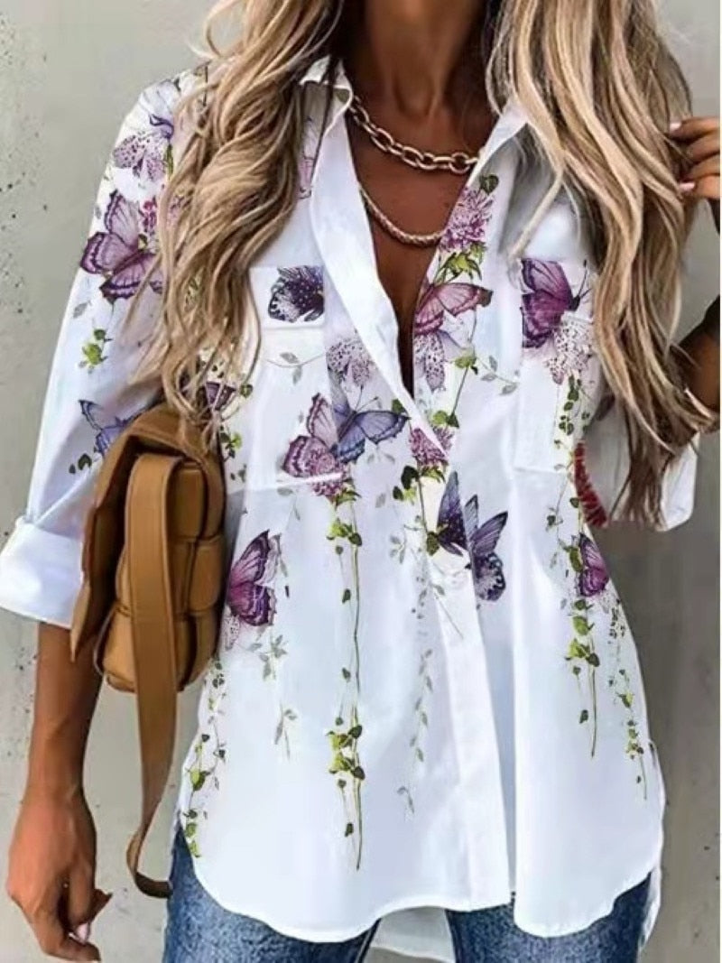 swvws New Women Shirts Summer Casual Loose Half Sleeve Button Floral Print Shirt Top Female Fashion Elegant Cardigan Blouses Plus Size