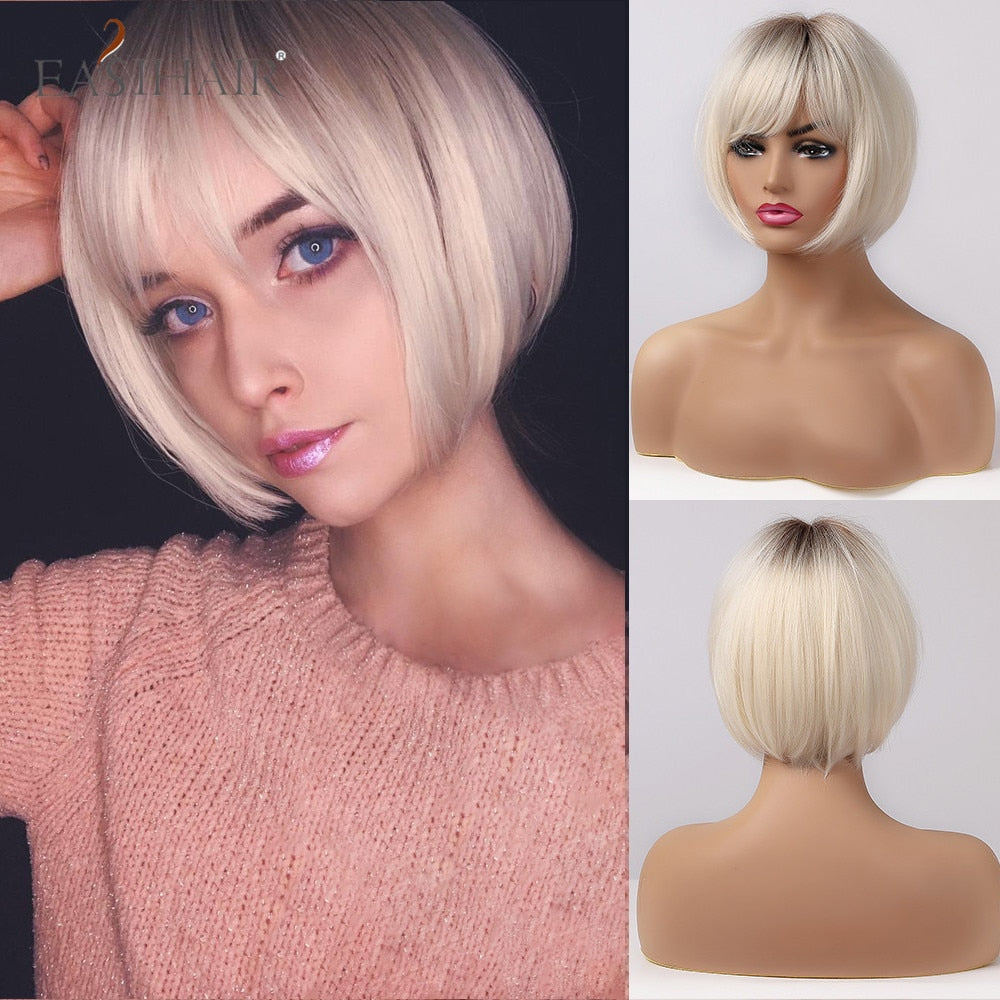 swvws  Short Hair Wig With Bangs Pixie Cut Ombre Black Ash Light Blonde Synthetic Wigs For Women Cosplay Wigs Heat Resistant