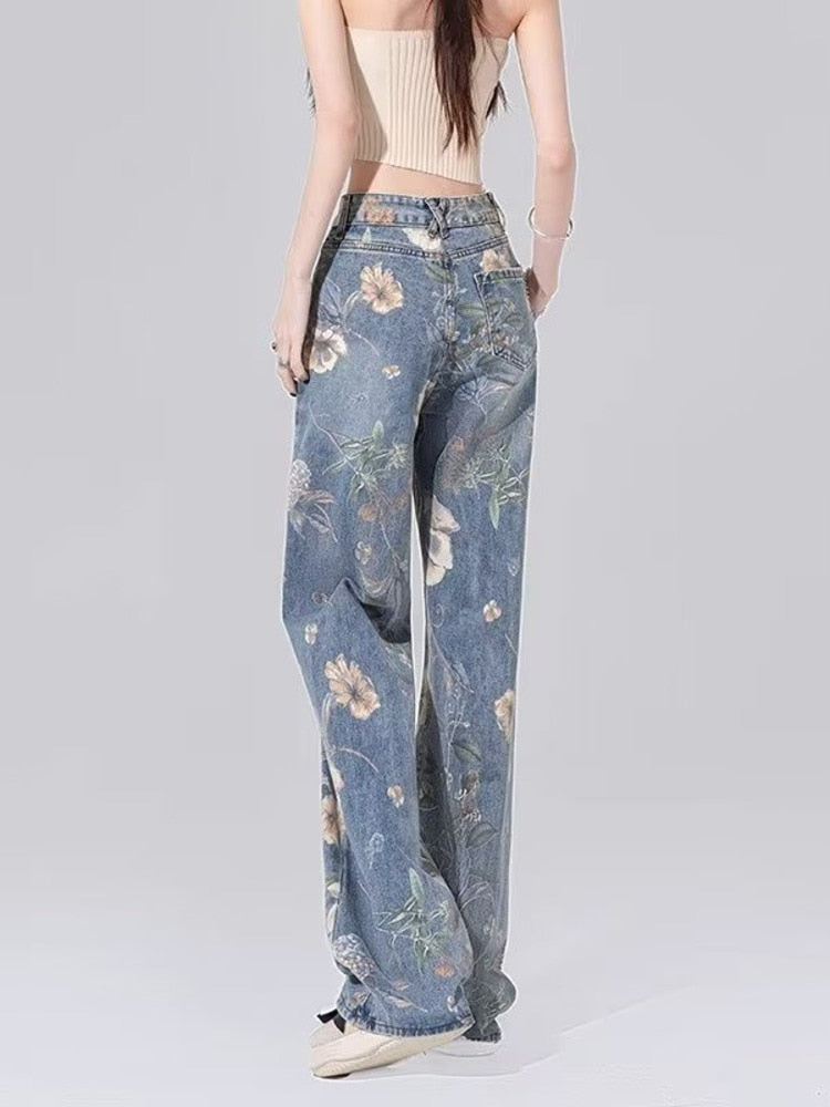 swvws Street Printed Jeans, Female Niche Design, Trendy Vibe High Waisted Drape, Straight Leg Wide Leg Long Pants, Women's Jeans