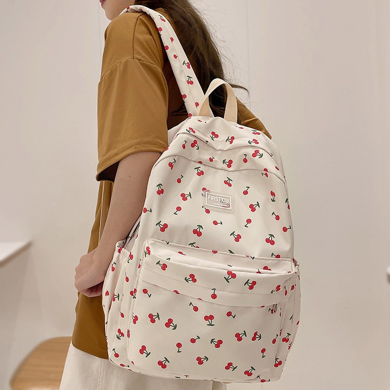 swvws New Girl Cherry Floral Travel Book Backpack Women Trendy Print School Bag Female Laptop College Backpack Fashion Lady Kawaii Bag