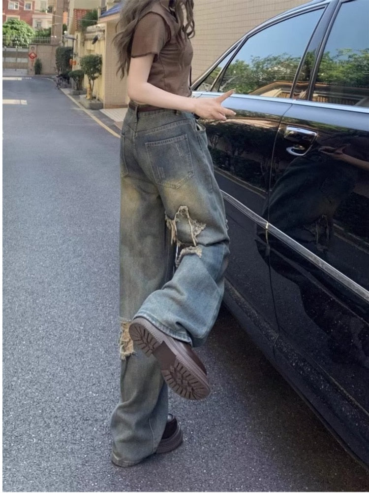 swvws Perforated Jeans, Summer Loose Straight Leg Wide Leg Pants, Niche Stitching, Old Beggar Pants, Women's Jeans