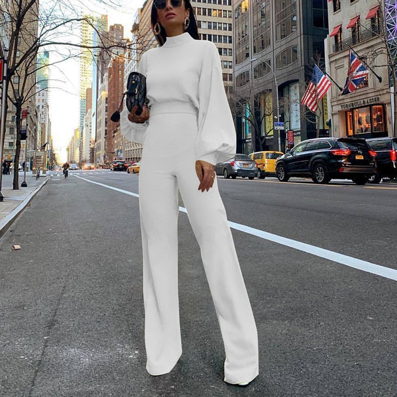 swvws  Women Fashion Elegant Backless Long Sleeve Wide Leg Pant Rompers Chic Turtleneck Solid Office Long Jumpsuit Casual Overalls