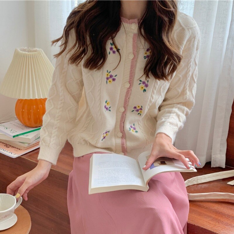 swvws Vintage Flower Embroidery Cardigan Women Korean Style Button-Up Loose Sweater Coat Autumn Long Sleeve Knitted Jacket Female Tops